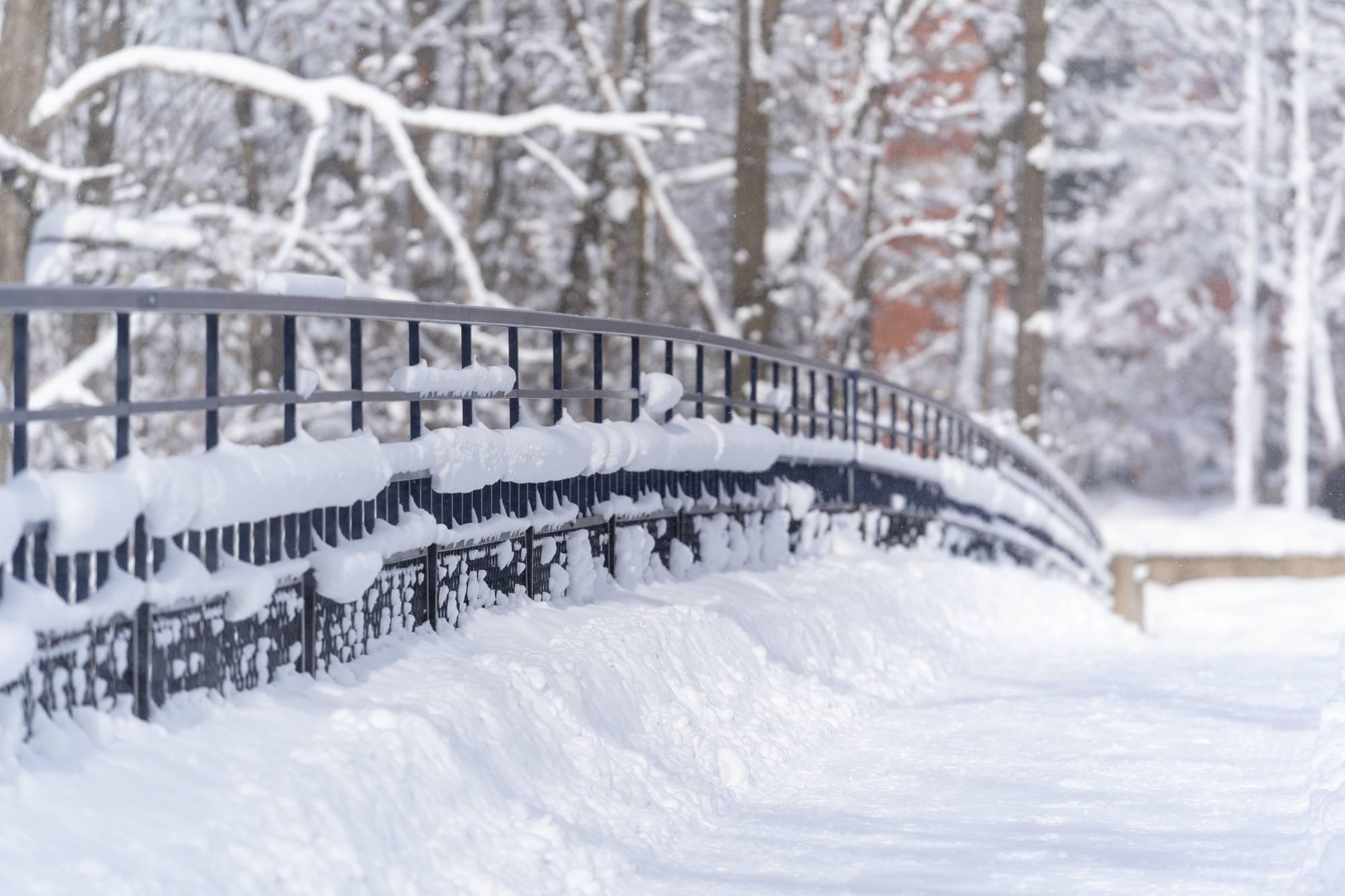 The blue Little Mac Bridge on GVSU's Allendale Campus in the winter with snow on the ground